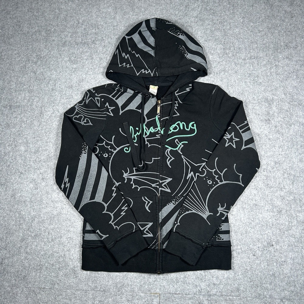 y2k Billa Bong Hooded Sweater Womens Size Medium Black All Over Graphic Cartoon